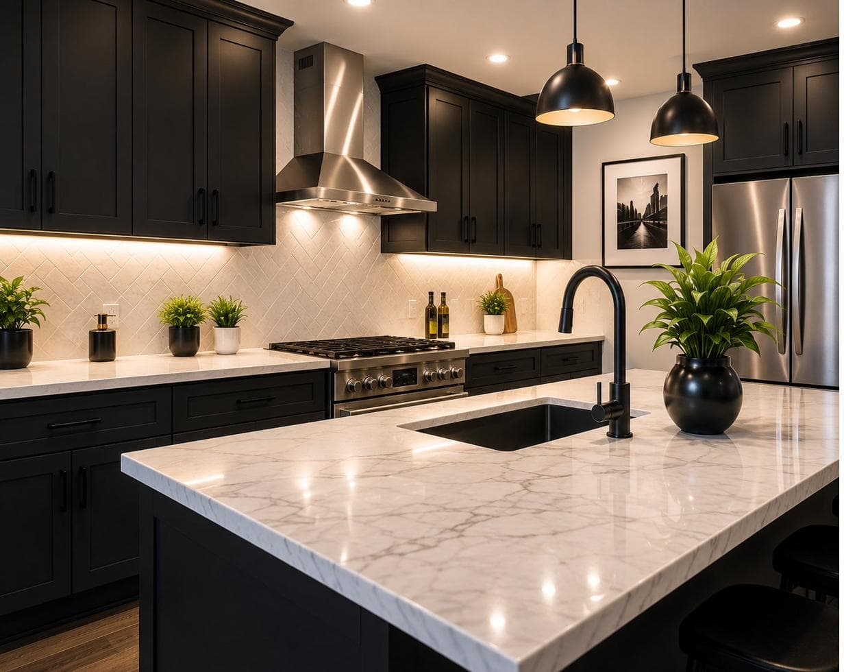Bright modern kitchen with marble island